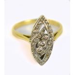 Yellow metal and diamond navette shaped open work ring, hallmark obscured ring size is N, approx 4.