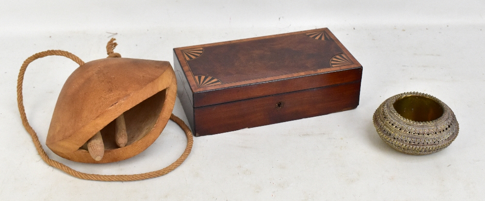 An Edwardian mahogany inlaid jewellery box, a Middle Eastern brass pot, and a wooden camel bell (