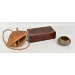 An Edwardian mahogany inlaid jewellery box, a Middle Eastern brass pot, and a wooden camel bell (