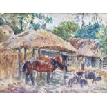 MARK FISHER (1841-1923); watercolour, stylised stable scene with two horses and two foals to