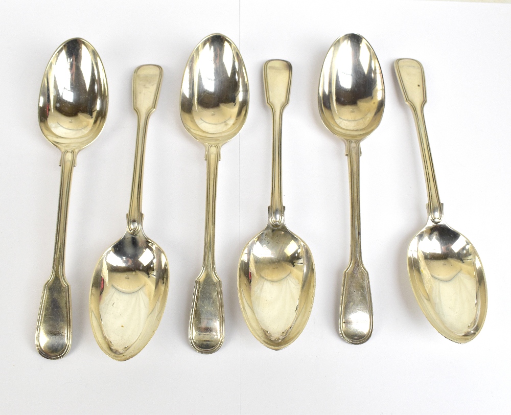 FRANCIS HIGGINS; a set of six Edwardian hallmarked silver Fiddle and Thread pattern dessert