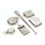 A group of variously hallmarked silver items comprising three vesta cases, one engraved 'Nov. 1st