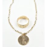 A 9ct yellow gold band, size L, together with a 9ct yellow gold pendant on chain, approx weight 5.