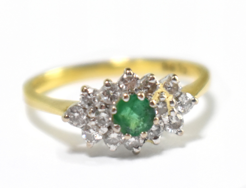 An 18ct yellow gold diamond and emerald and cluster ring, size L, approx 2.2g.