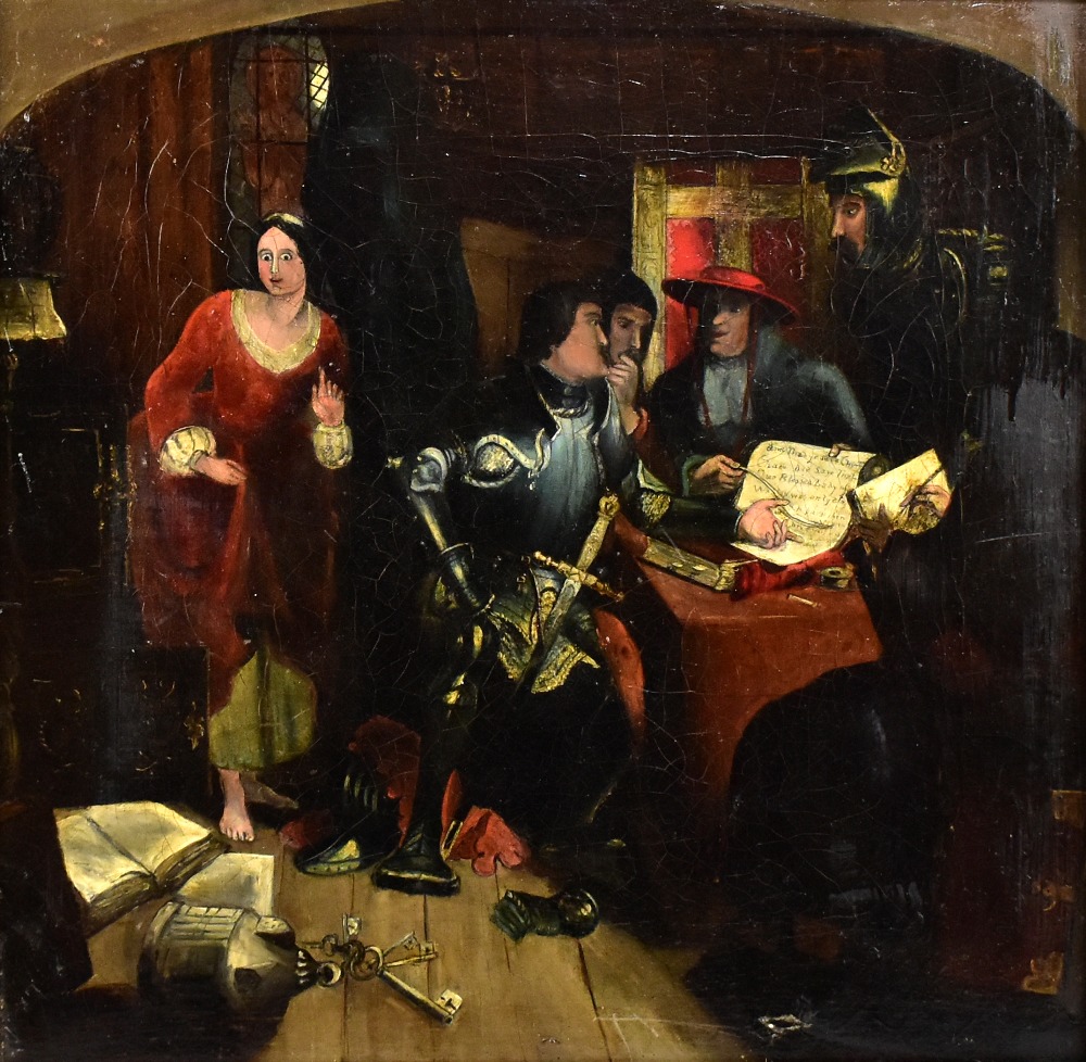 UNATTRIBUTED; oil on canvas, an interior scene with soldiers in discussion and a female figure