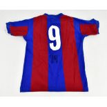 JOHANN CRUYFF; a signed cotton replica FC Barcelona home shirt, numbered 9 to reverse, by Toffs,
