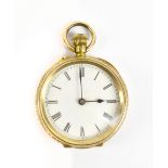 An 18ct yellow gold fob watch, the white enamel dial set with Roman numerals and with engraved