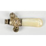 A silver and mother of pearl combination rattle, teether and whistle, hallmarks obscured, length 6.