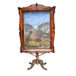 A good and large 19th century mahogany screen with a painted village valley scene, on four