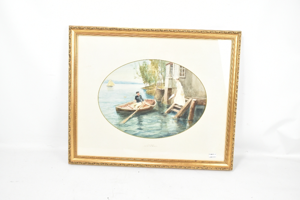 CIRCLE OF ALFRED DE BREANSKI; watercolour, 'The Tryst', lady on a quayside and gentleman in rowing - Image 2 of 2