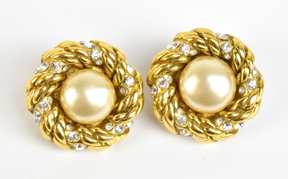 CHANEL; a pair of clip-on vintage Chanel faux pearl earrings with gold toned rope and diamante