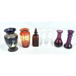 A small group of decorative glass including an agate glass decanter and stopper, applied glass vase,