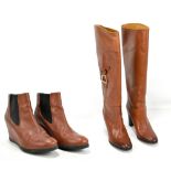 RALPH LAUREN; a pair of Vechetta beige leather heeled riding boots with gold-tone stirrup