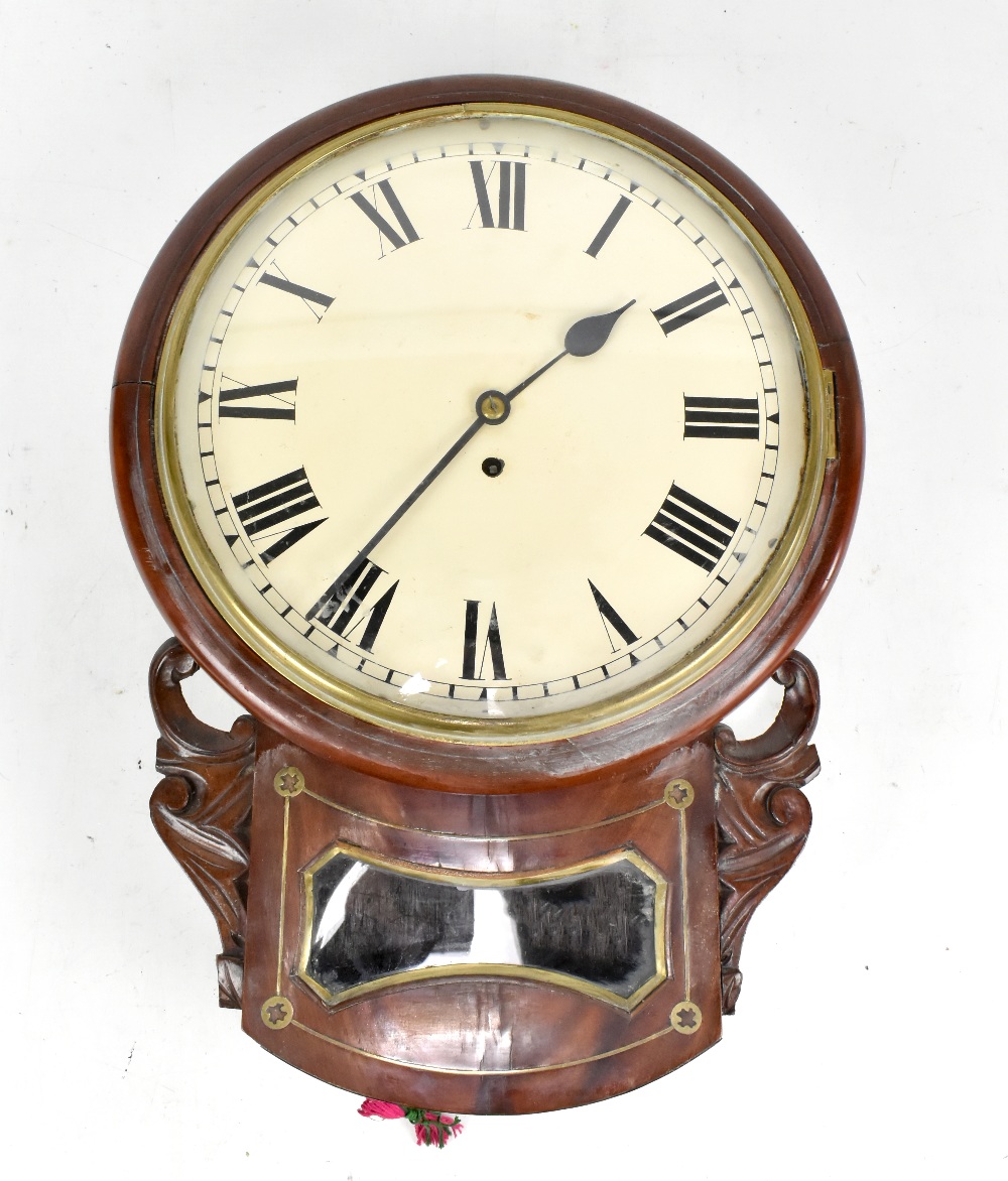 A 19th century mahogany and brass inlaid drop dial wall clock with repainted circular dial set