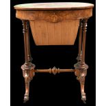 A Victorian burr walnut veneered sewing cabinet of oval form, the hinged lid enclosing fitted