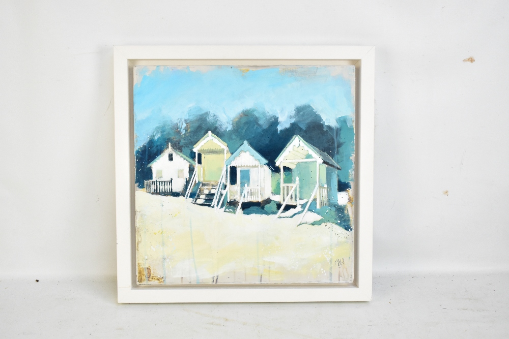 CAMILLA DOWSE; oil on canvas, 'Four Huts with Pine Trees', beach hut scene, signed lower right, - Bild 2 aus 4