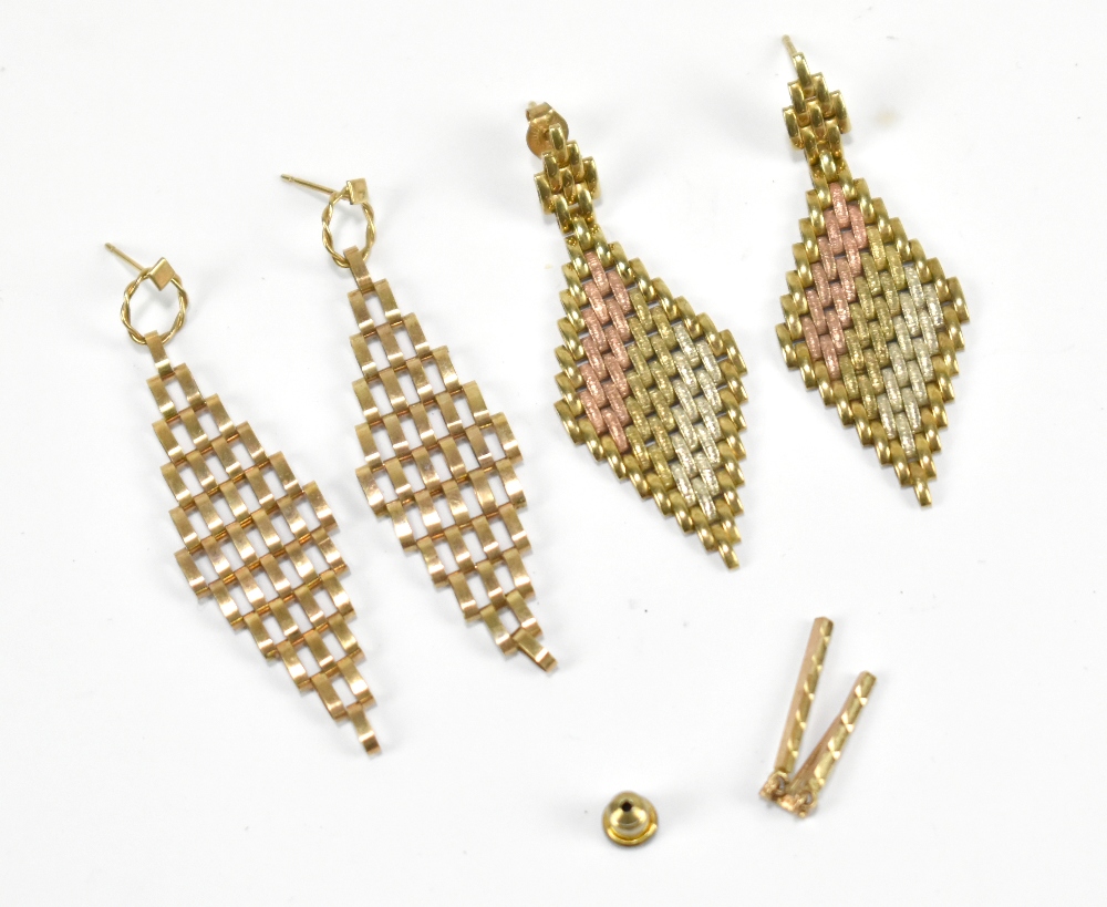 A pair of 9ct yellow gold three tone earrings, a further pair of 9ct yellow gold earrings and a