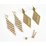 A pair of 9ct yellow gold three tone earrings, a further pair of 9ct yellow gold earrings and a
