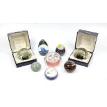 Eight assorted glass paperweights to include Caithness limited edition example, 'Puffin', 91/250,