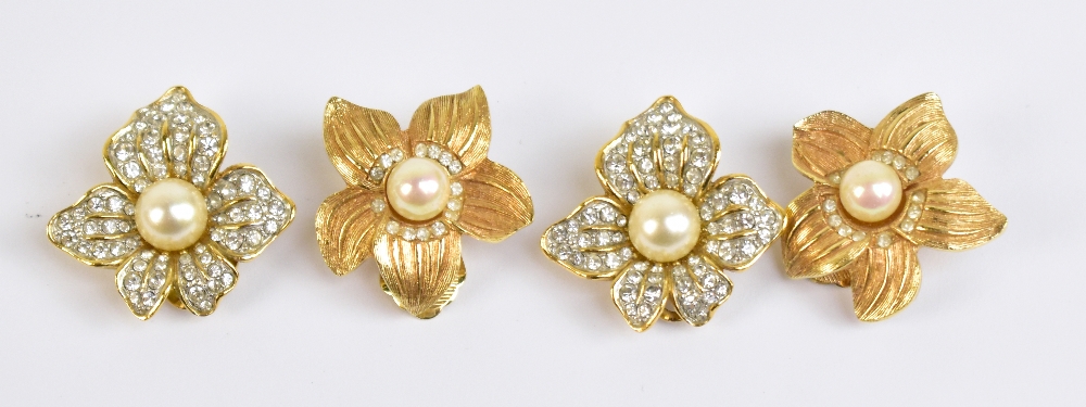 CHRISTIAN DIOR; a pair of floral gold plated earrings, signed to back, and a pair of A&S diamante