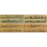 Four reproduction transport prints comprising travelling on the Liverpool and Manchester Railway
