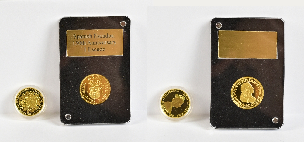 A 2018 'Spanish Escudos 150th anniversary one Escudo coin', slabbed and boxed with a certificate