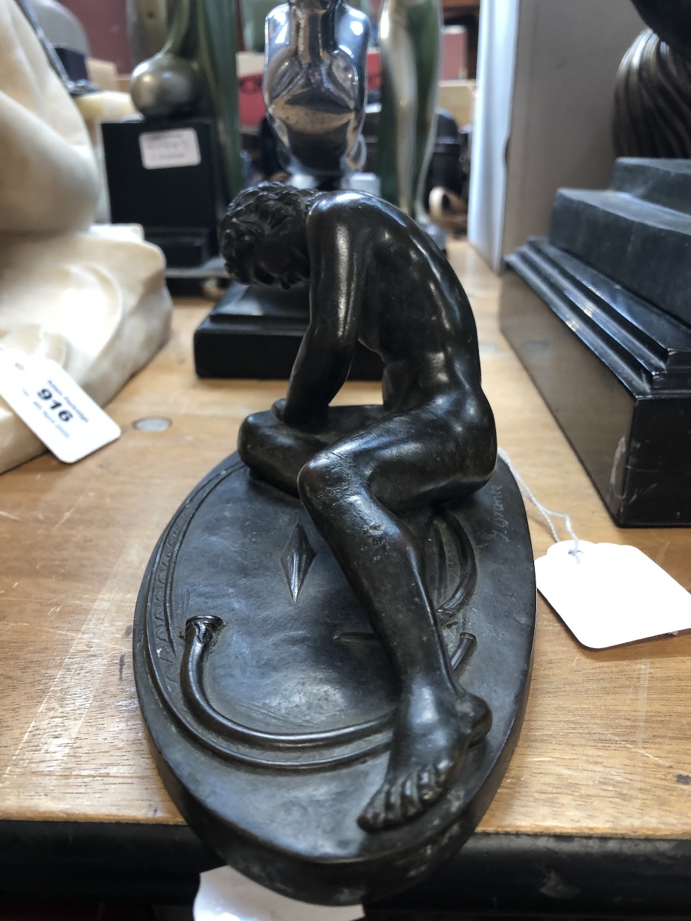 WITHDRAWN G BRANCA; a 19th century bronze figure of a nude seated soldier, signed to rim, length - Image 7 of 8