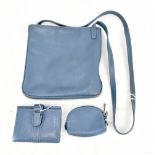 LONGCHAMP; a blue leather cross body shoulder bag, 23 x 24cm, a matching blue leather wallet with