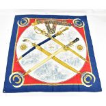 HERMÉS; an 'Armes de Chasse' Phillipe Ledoux vintage 1970s gold, blue and red silk scarf, 90 x