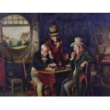 UNATTRIBUTED; oil on board, interior scene with two gentlemen playing chess and further gentleman