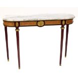A reproduction French mahogany and kingwood inlaid oval console table with marble top and gilt metal