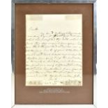 ATTRIBUTED TO WILLIAM WILBERFORCE; a handwritten letter executed in Bath 1790 with signature, framed