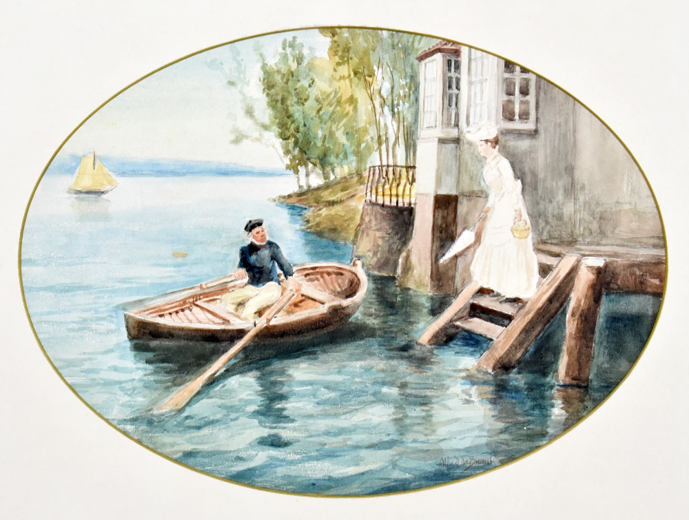 CIRCLE OF ALFRED DE BREANSKI; watercolour, 'The Tryst', lady on a quayside and gentleman in rowing