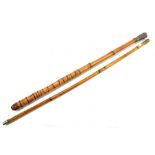 A Chinese bamboo swagger stick with white metal ferrule, with cast decoration depicting a four