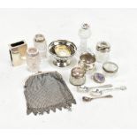 A mixed group of hallmarked silver and silver mounted items including a footed dish, a salt, a match
