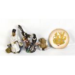 Three modern Chinese figures including a pair of birds also a decorative plate (4).
