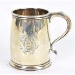A George V hallmarked silver barrel shaped christening cup with engraved initials, Sheffield 1917,