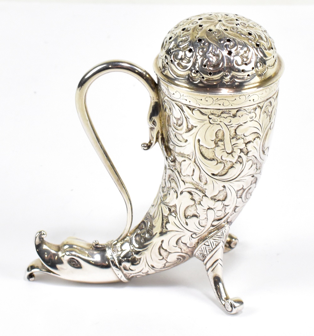 A Victorian hallmarked silver sugar caster in the form of a horn, with scrolling handle, engraved