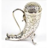 A Victorian hallmarked silver sugar caster in the form of a horn, with scrolling handle, engraved