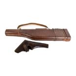 A stitched leather gun case, length 77cm, and a holster (2).