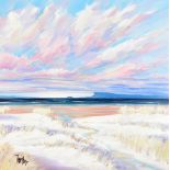 TOM BARRON; oil on canvas ' Arisaig Sands VI', calm, beach landscape, signed lower left, 60 x