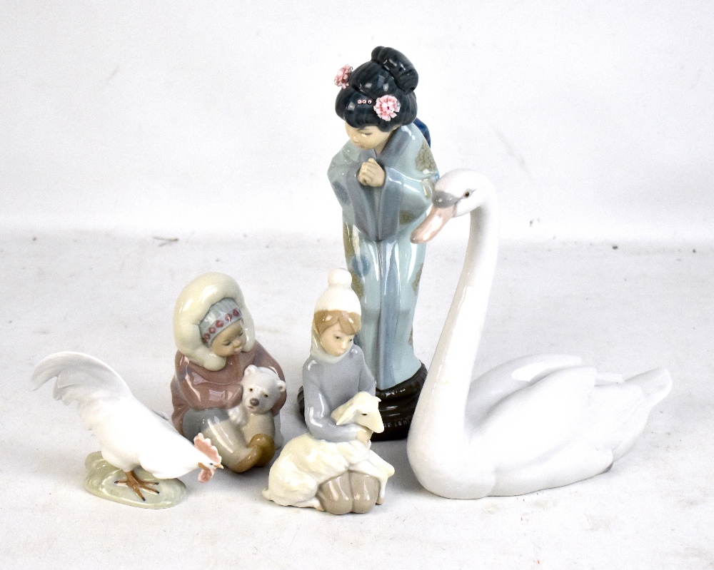 LLADRO; four figurines to include a Japanese Geisha, height 27cm, and a Royal Copenhagen cockerel (