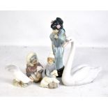 LLADRO; four figurines to include a Japanese Geisha, height 27cm, and a Royal Copenhagen cockerel (