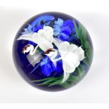 DANIEL SALAZAR FOR LUNDBERG STUDIOS; a glass paperweight encased with two cranes and floral