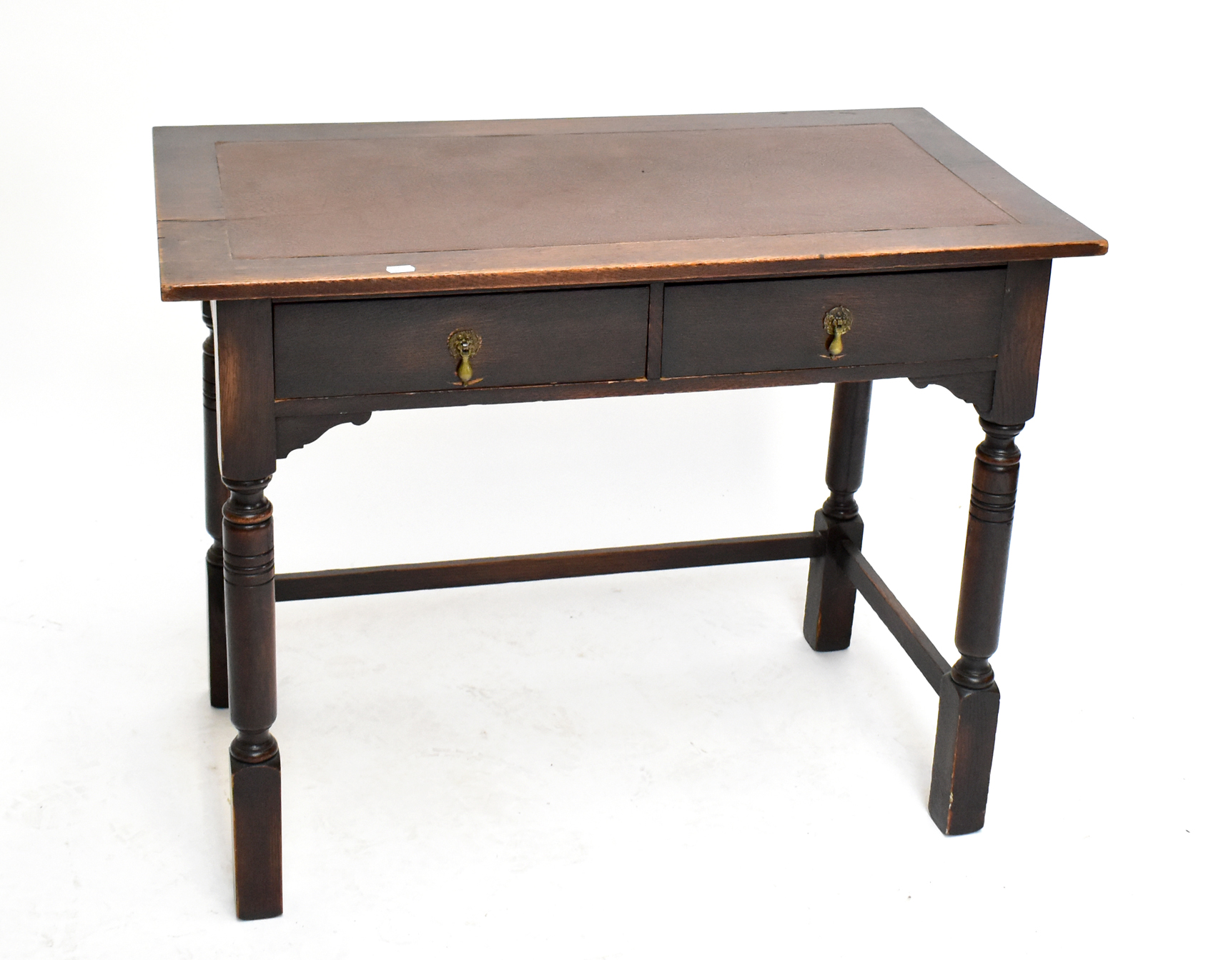 A reproduction oak desk with two drawers, width 91cm, and a modern hardwood office chair (2).