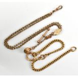 A 9ct yellow gold watch chain, with T-bar and spring clasp, approx 10.9g, and a rolled gold chain (
