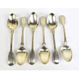 A matched set of six 19th century hallmarked silver Fiddle and Thread pattern teaspoons, various