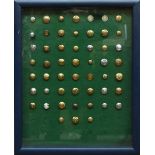 A framed and glazed display of fifty-two yeomanry buttons featuring various regiments including