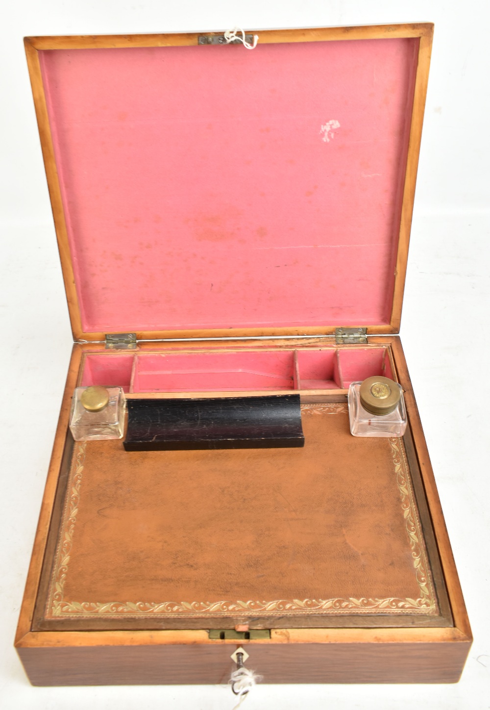 An early 19th century cube parquetry inlaid writing slope, the interior set with inkwells, a leather - Image 5 of 5