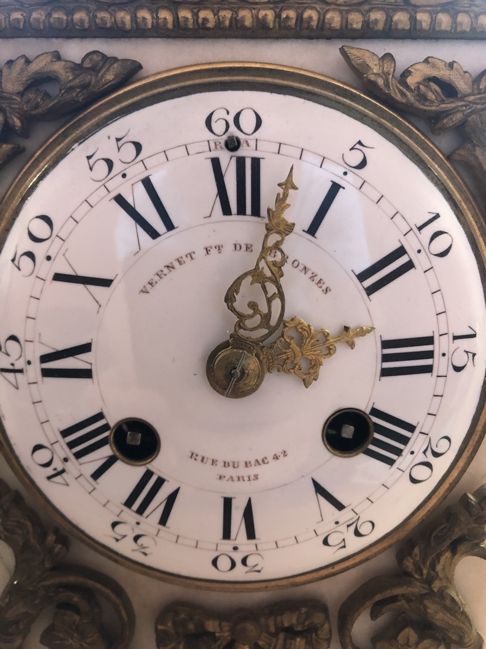 A late 19th century French white marble gilt metal mounted mantel clock, the white enamel dial set - Image 4 of 14